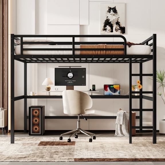 Metal Queen Size Loft Bed with Power Outlet, LED Lighting, and Noise Reduction