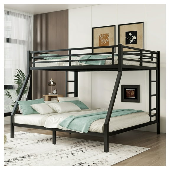 Metal Queen over King Bunk Bed, Space-Saving, Noise-Reduced, No Box Spring, Black