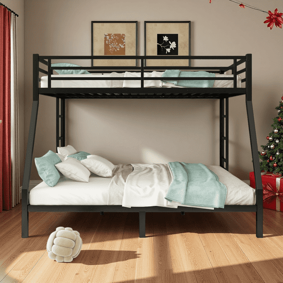 Metal Queen over King Bunk Bed for Teens & Adults, Space-Saving Double Bunk Bed with Noise-Free Design, Under-Bed Storage, Dual Ladders, Black