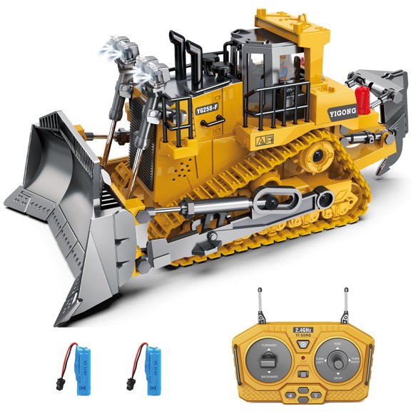 Metal RC Bulldozer, 9-Channel Remote Control Bulldozer with Lights & Sounds, Realistic Construction Bulldozer Toy for Boys Ages 3-12