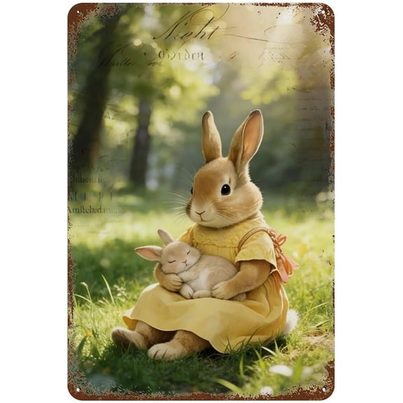 Metal Rabbit Family Tin Sign Vintage Garden Wall Art Plaque 8x12 Inch
