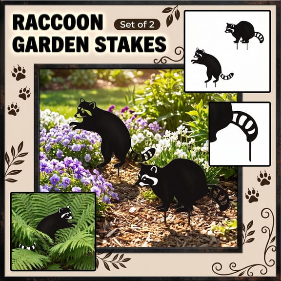 Metal Raccoon Garden Stakes, Decorative Outdoor Yard Art with Raccoon Ornament for Lawn Pathway Flower Bed, Rustic Metal Garden Stakes