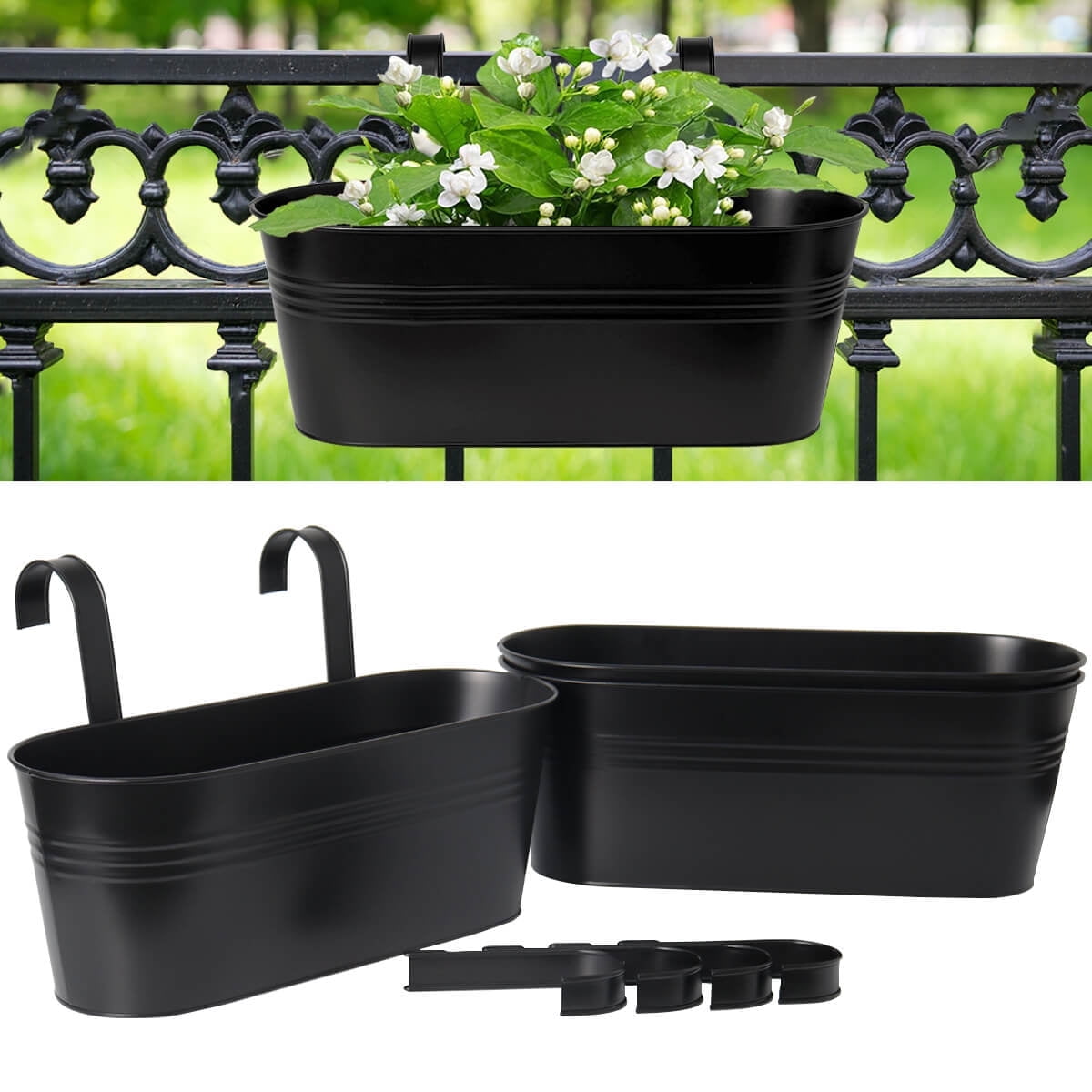 Metal Railing Planter for Outdoor Plants - 3 Pack 16 Inch Balcony Hanging Planter Box with Detachable Hooks and Drain Holes Oval Hanging Pots Fence Planters for Railing Garden Fence, Black
