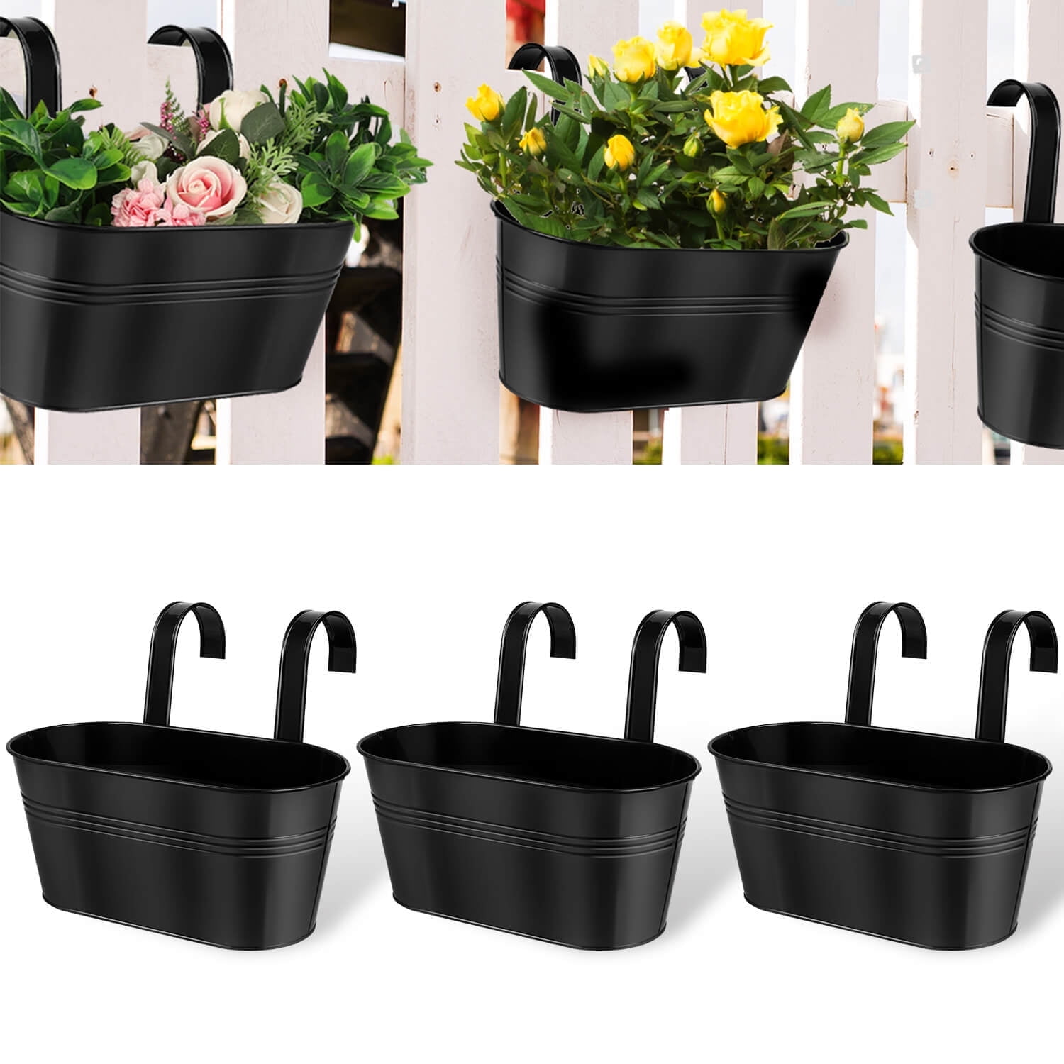 Metal Railing Planter for Outdoor Plants - 3 Pack Balcony Hanging Planter Box with Detachable Hooks and Drain Holes Oval Hanging Pots Fence Planters for Railing Garden Fence, Black