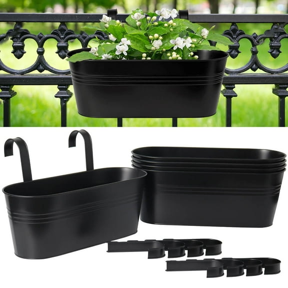 Metal Railing Planter for Outdoor Plants - 5 Pack 16 Inch Balcony Hanging Planter Box with Detachable Hooks and Drain Holes Oval Hanging Pots Fence Planters for Railing Garden Fence, Black