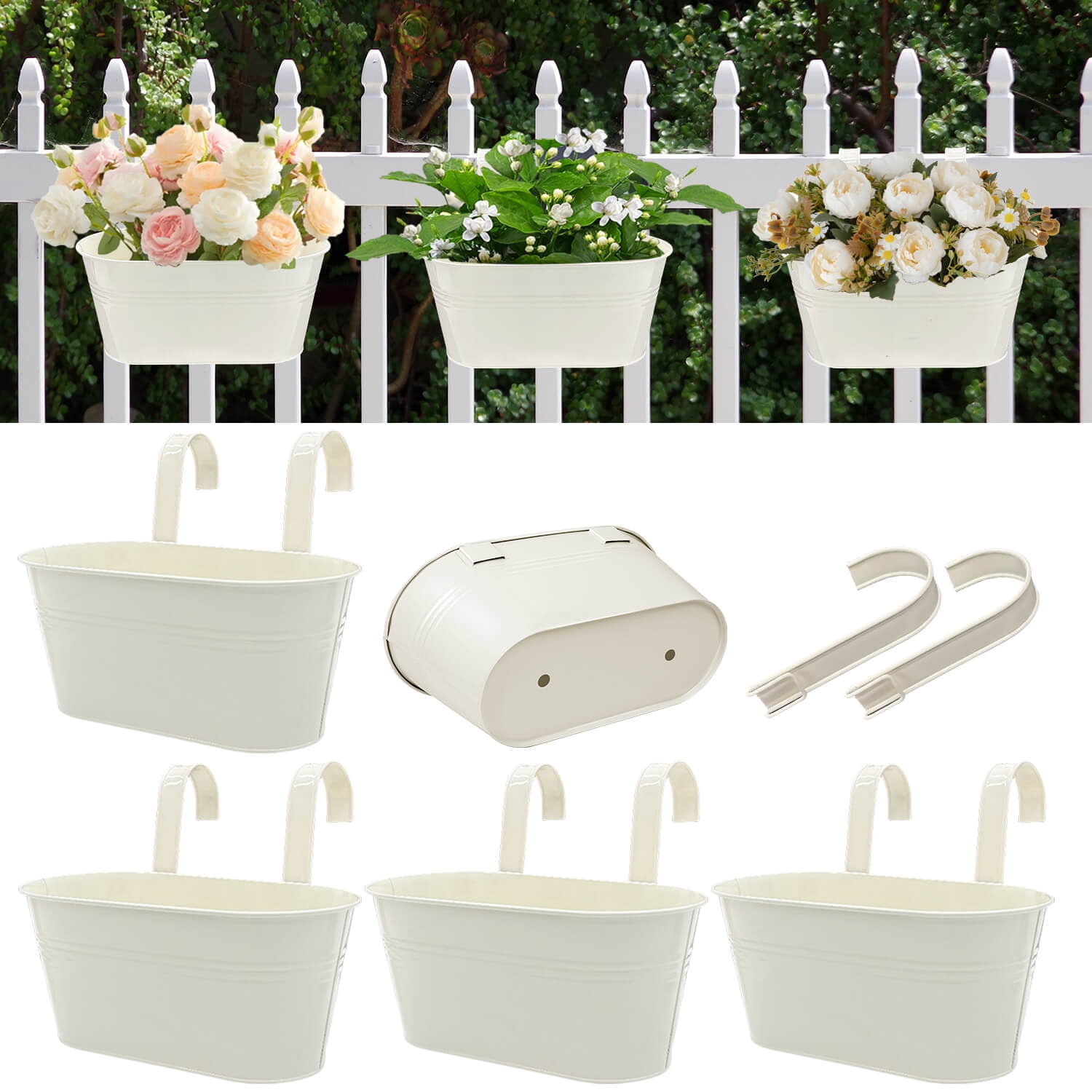 Metal Railing Planter for Outdoor Plants - 5 Pack Balcony Hanging Flower Pots with Detachable Hooks and Drain Holes Oval Bucket Rail Box Fence Planters for Home Garden Decor, White