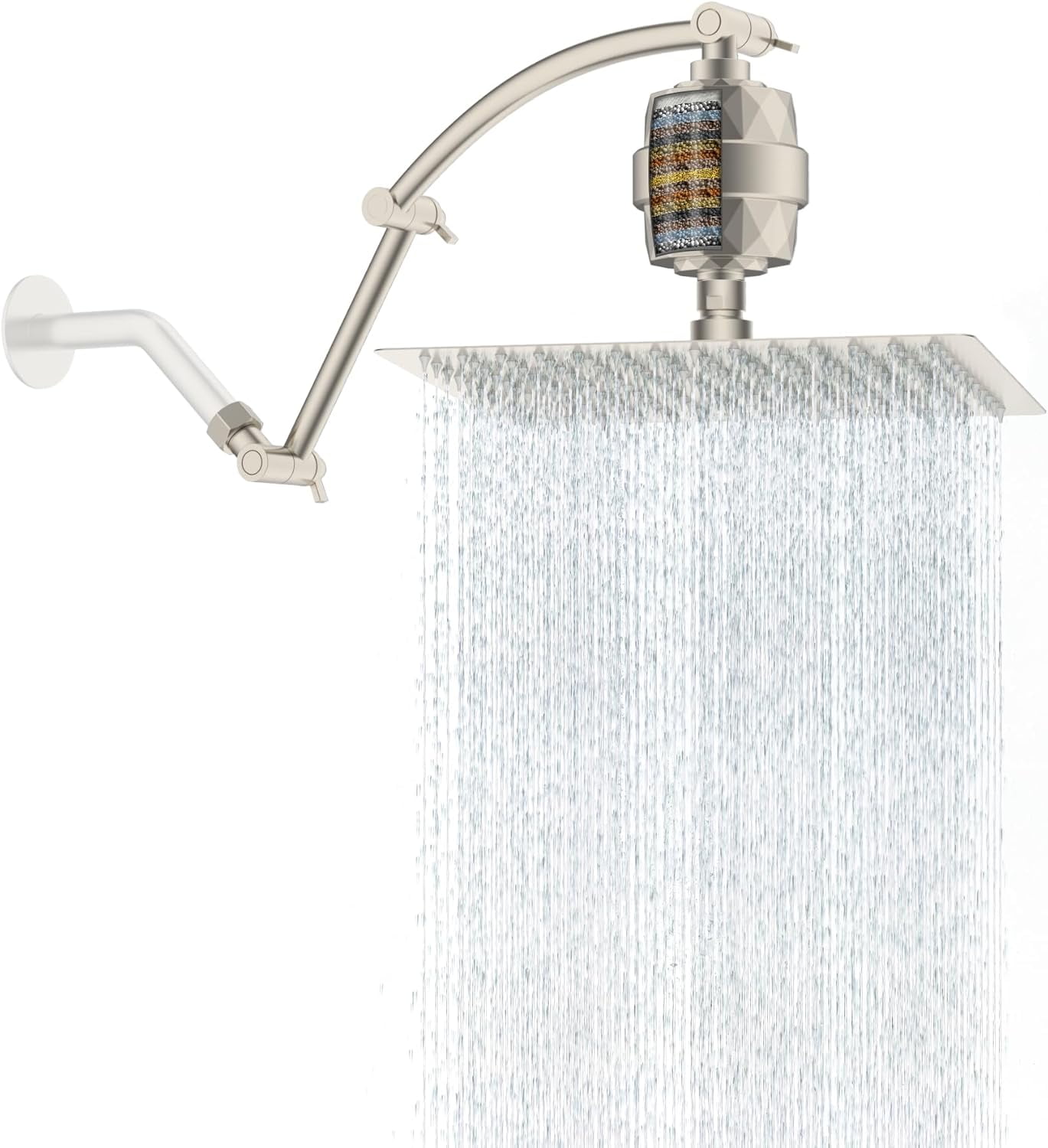 All Metal Rain Filtered Shower Head, 12'' High Pressure Rainfall Showerhead with 16" Shower Extension Arm, 20 Stage Shower Filter, Solid Brass Adjustable Shower Arm Extender, Brushed Nickel