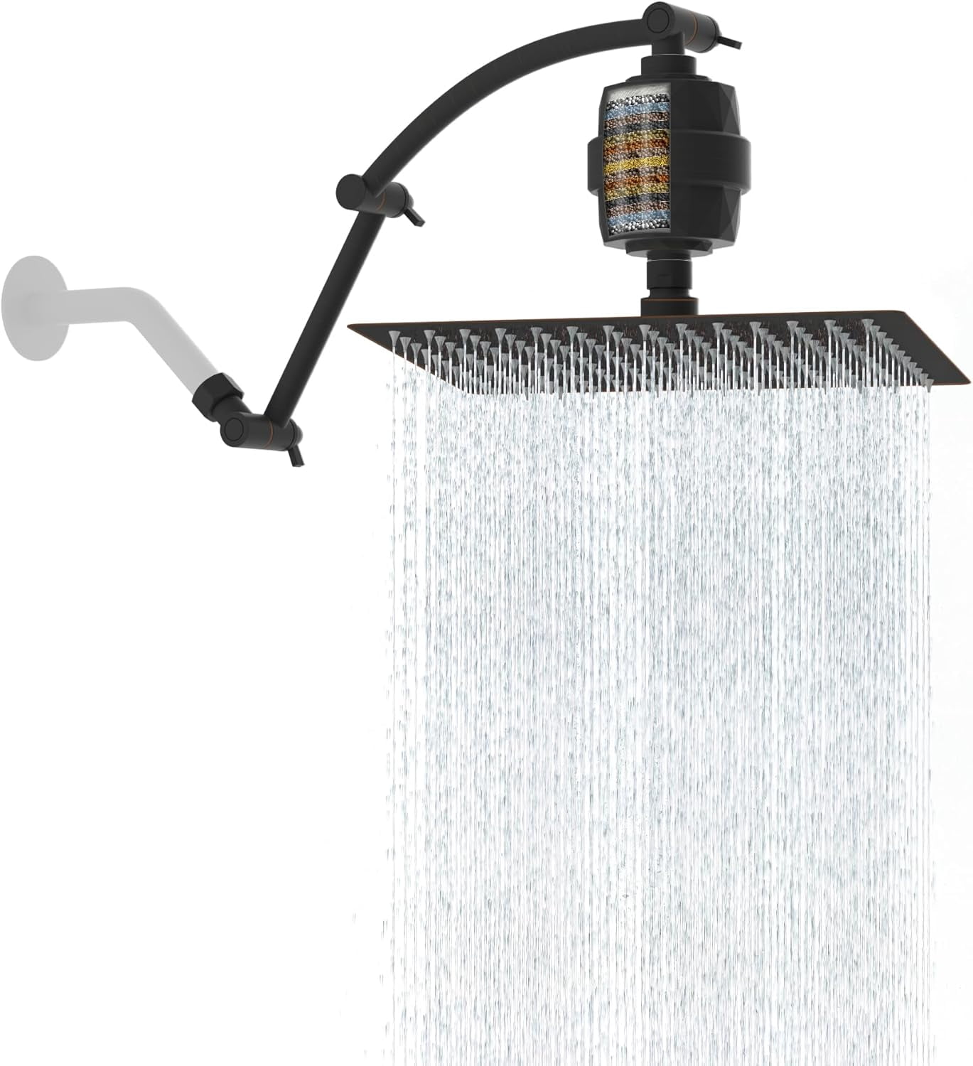 All Metal Rain Filtered Shower Head, 12'' High Pressure Rainfall Showerhead with 16" Shower Extension Arm, 20 Stage Shower Filter, Solid Brass Adjustable Shower Arm Extender, Oil-Rubbed Bronze