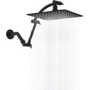 All Metal Rain Shower Head, 10'' High Pressure Rainfall Showerhead with 16" Shower Head Extension Arm, Solid Brass Adjustable Shower Arm Extender, Waterfall fixed Showerheads, Matte Black