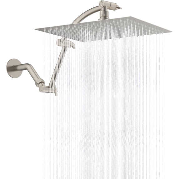 All Metal Rain Shower Head, 12'' High Pressure Rainfall Showerhead with 16" Shower Head Extension Arm, Solid Brass Adjustable Shower Arm Extender, Waterfall fixed Showerheads, Brushed Nickel