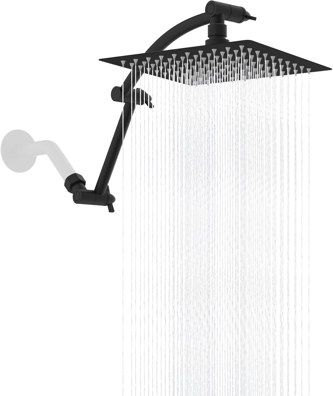 All Metal Rain Shower Head, 8'' High Pressure Rainfall Showerhead with 16" Shower Head Extension Arm, Solid Brass Adjustable Shower Arm Extender, Waterfall Fixed Showerheads, Matte Black