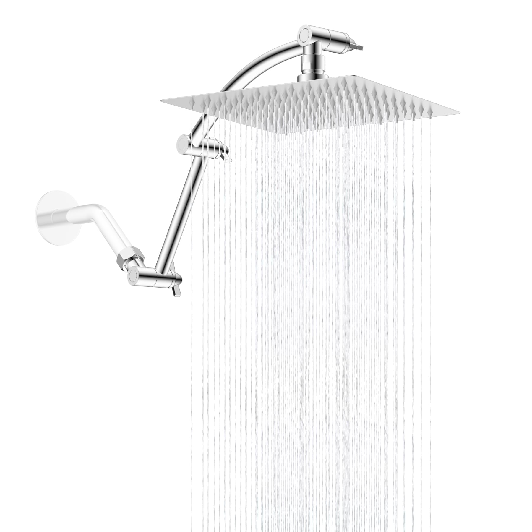 All Metal Rain Shower Head  8'' High Rainfall Square Showerhead With 16" Extension Arm Solid Brass Adjustable Extender Waterfall Fixed Showerheads Chrome