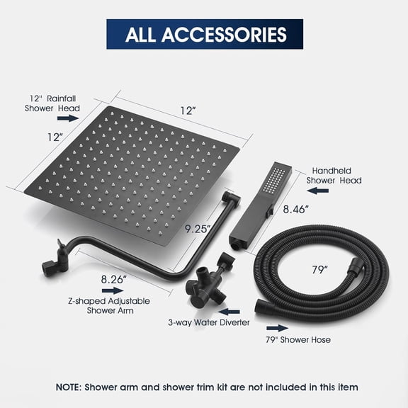 All Metal Rainfall Shower Head with Handheld, 12'' High Pressure Rain Shower Head with Adjustable Extension Arm Z-shaped, 79" Extra Long Hose, 3-Way Diverter, Matte Black