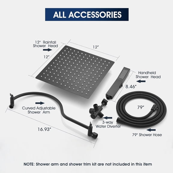 All Metal Rainfall Shower Head with Handheld Spray, 12'' High Pressure Rain Shower Head with 16'' Upgrade Curved Adjustable Extension Arm, 79" Extra Long Hose, 3-Way Diverter, Matte Black