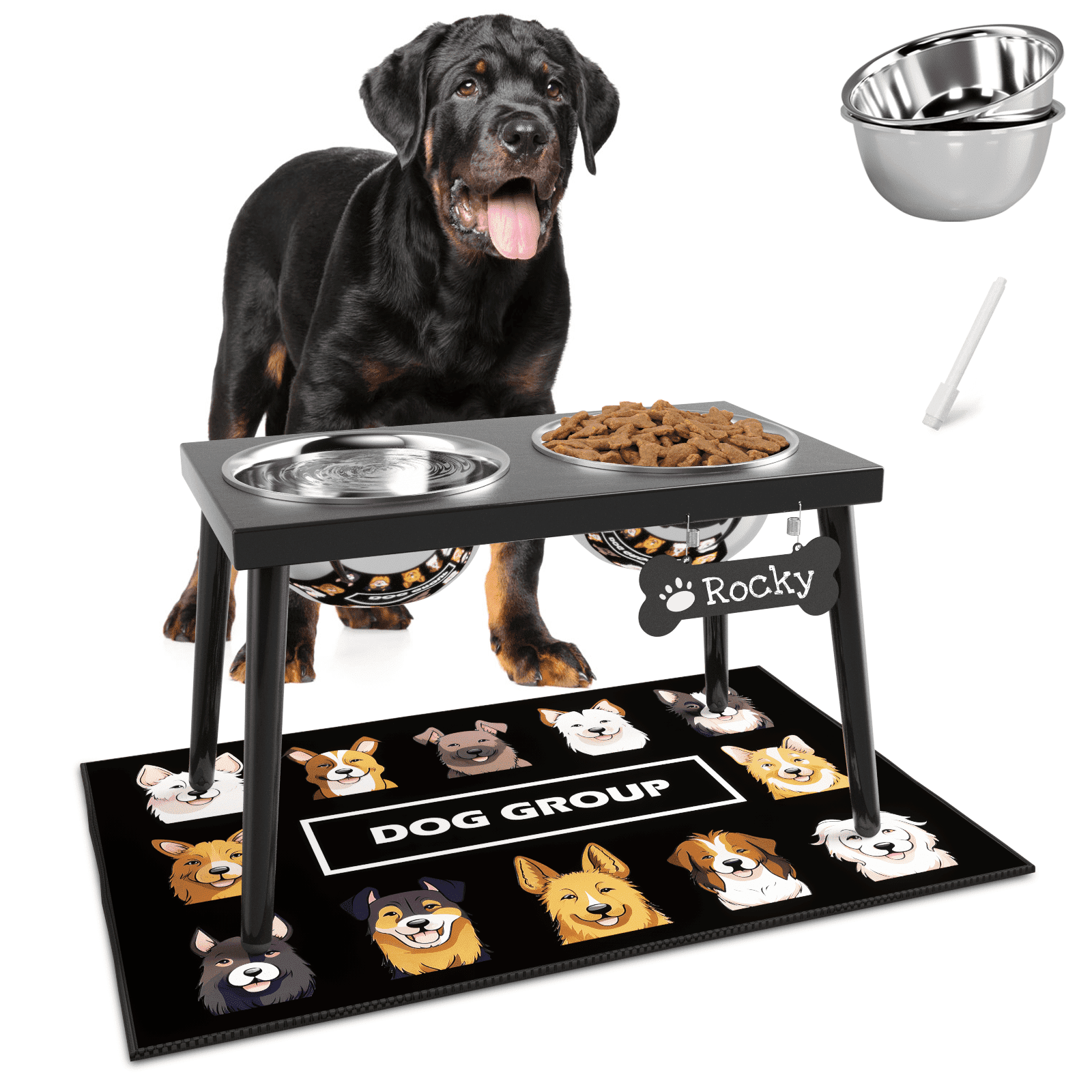 SHAINFUN Metal Raised Dog Bowl Stand for Breed, 10" Tall Dog Feeder with Sprill Proof Mat (58OZ-Stainless Steel Dog Bowls, Mat-16x24)