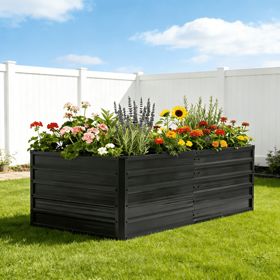 Metal Raised Garden Bed, 6x3x2ft Planter Box, Galvanized Steel Garden Bed, Outdoor Raised Planter, Single Pack Garden Box, Vegetable Flower Planter, Gray Black