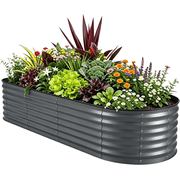 OBENSKY Galvanized Raised Garden Bed Outdoor 8x2x1.5ft Oval Metal Planter Box with 5 Support Bars for Vegetables, Flowers - Gray