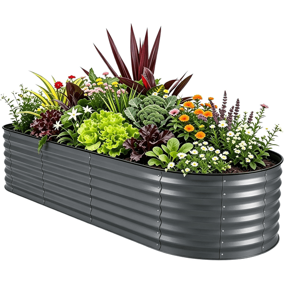 OBENSKY Galvanized Raised Garden Bed Outdoor 8x2x1.5ft Oval Metal Planter Box with 5 Support Bars for Vegetables, Flowers - Gray