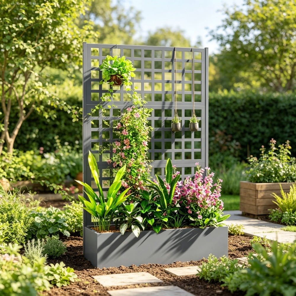Metal Raised Garden Bed, Galvanized Planter Box with Trellis for Garden, 43" x 16" x 70" Gray