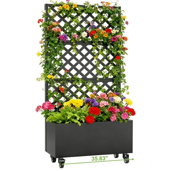 Metal Raised Garden Bed with Trellis & Wheels, 72.05" x 35.83"x 16.14" Planter Box with Trellis, Privacy Planters for Patio, Garden Bed for Climbing Plants, Suitable for Climbing Plants, Black