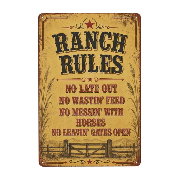 Metal Ranch Rules Sign, Rustic Western Wall Decor with Farmhouse Style Design, Vintage 8x12 Inch Iron Plaque for Easy Hanging, Ideal for Indoor/Outdoor Use, Weather Resistant Finish