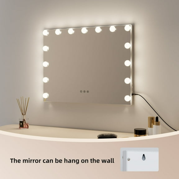 Metal Rectangle Freestanding LED Lighted 15 Bulbs Hollywood Vanity Make-up Mirror with USB Type C, White, 23x18 inches