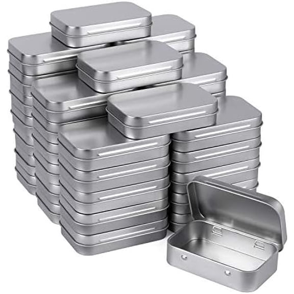 Metal Rectangular Empty Hinged Tins - Pack of 40 Silver Mini Portable Box Small Storage Kit & Home Organizer with lids craft containers 3-1/2''X2-1/2''X4/5''$$