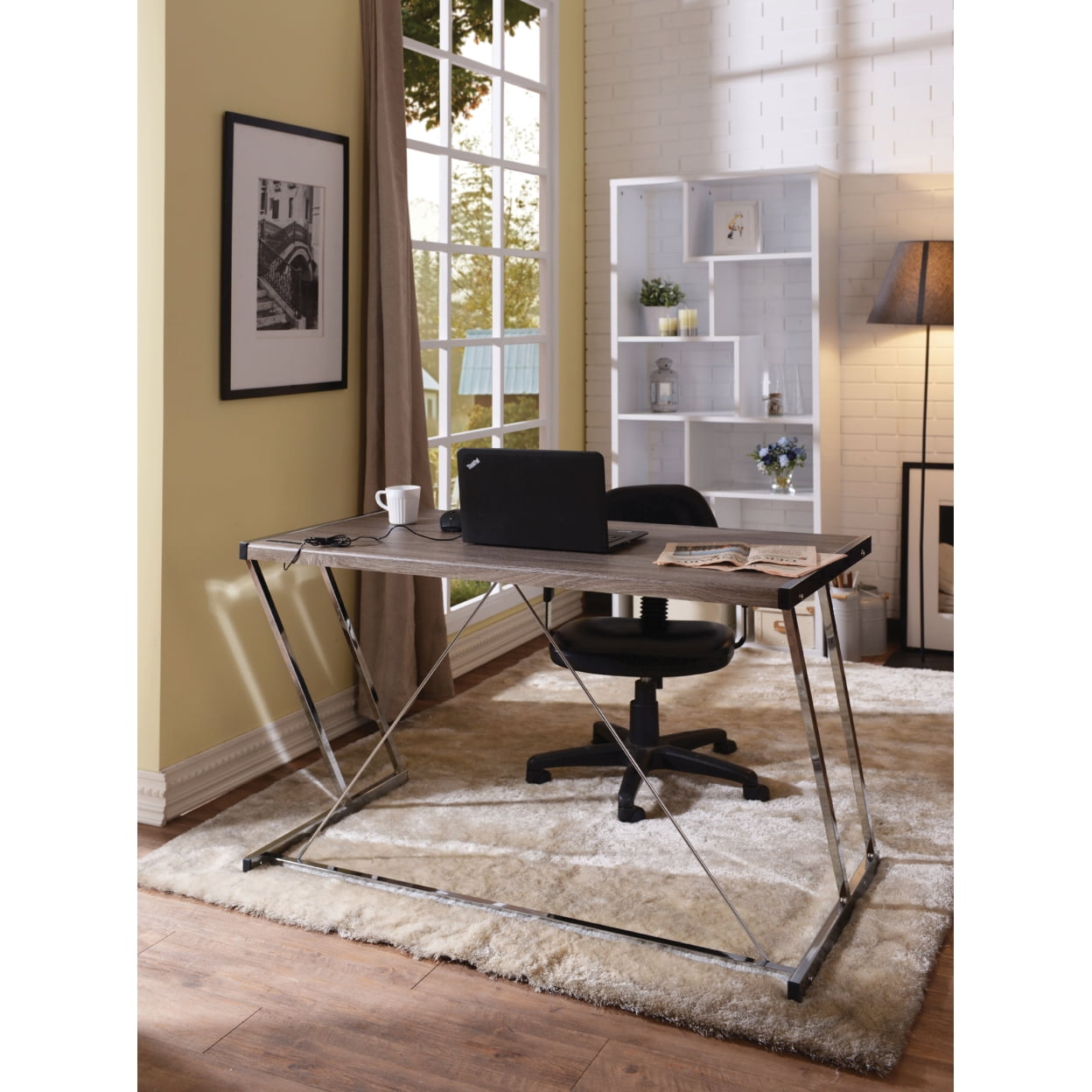 47" Weathered Oak and Chrome Desk with USB Port