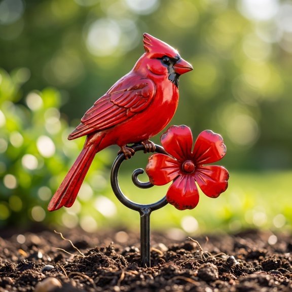 Metal Red Cardinal Garden Stakes,Decorative Bird Yard Ornaments with Flowers & Leaves, Outdoor Lawn Decor for Patio & Flowerbed