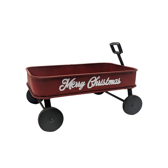 Metal Red Merry Christmas Mini Kids Wagon Rolling Kid Toy Cart Holiday Seasonal Home Decor