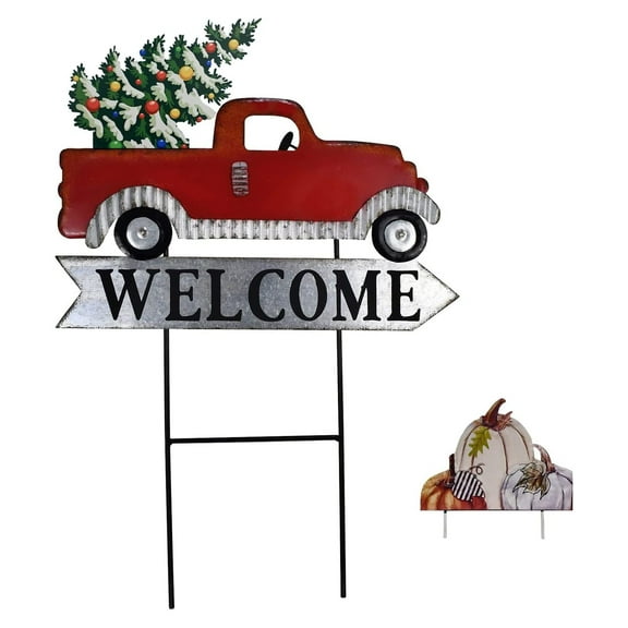 Metal Red Pickup Truck Yard Stake Interchangeable Welcome Sign Loads with Pumpkin Christmas Tree Fall Xmas Decor Seasonal Garden Decoration for Harvest Autumn Christmas Thanksgiving