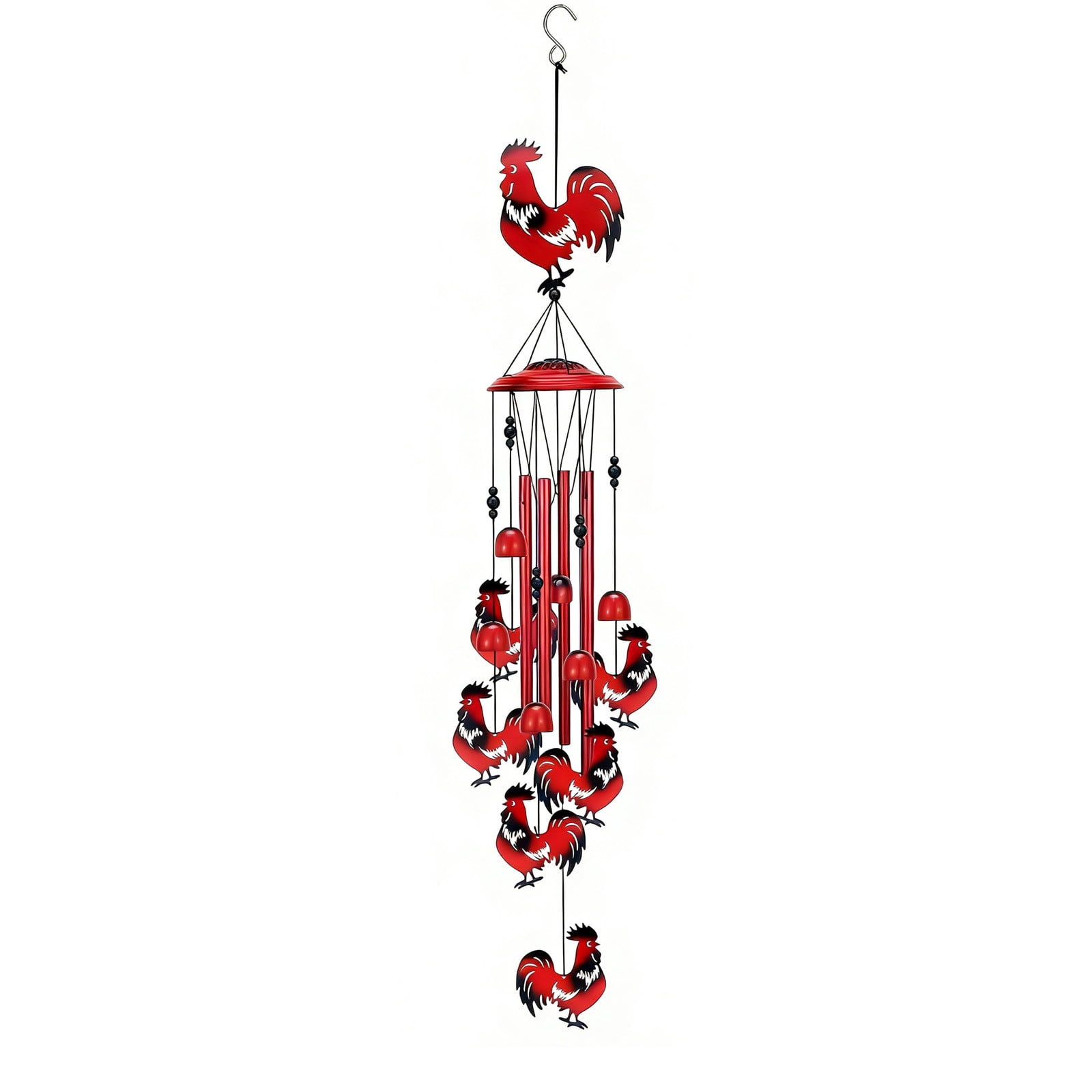 Metal Red Rooster Chicken Animals Wrought Iron Aluminum Tube Wind Chime Courtyard Outdoor Decoration Retro Hanging Bell