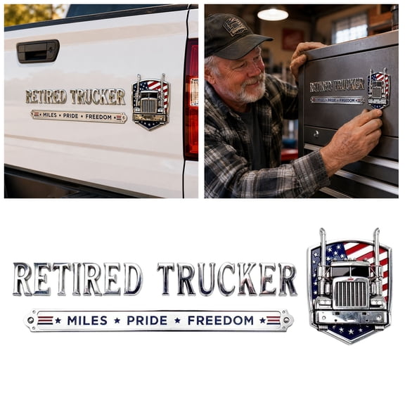 Metal Retired Trucker Emblem Badge, 3D Raised Auto Sticker with American Flag & Semi-Truck Design, Durable Car Emblem Decal for Pickup, SUV, RV & Toolbox, Waterproof Exterior Auto Decoration