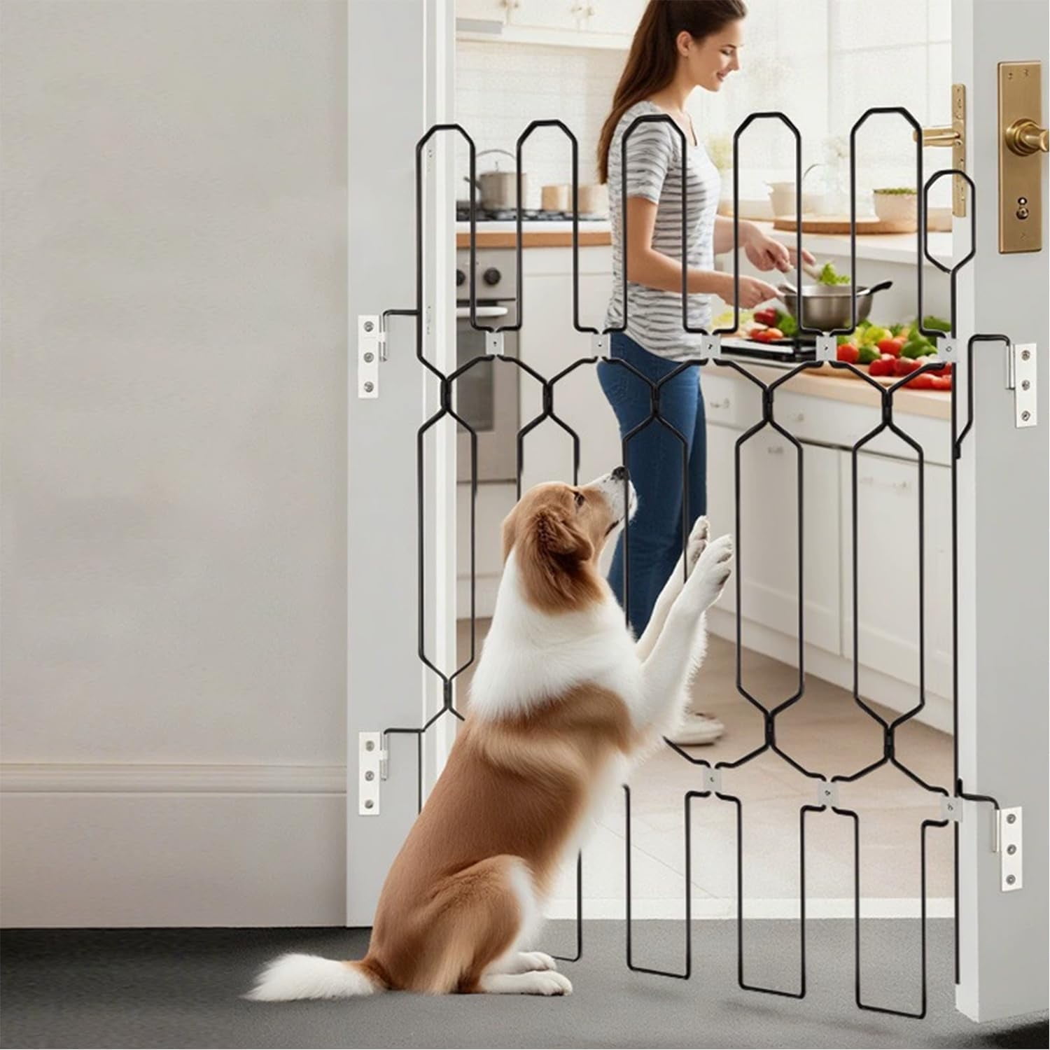 Metal Retractable Door Barrier,26 Wide31 Tall Safety Dog Gate for Front Door,Decorative Vertical Bar Design Easy Install Retractable Pet Gate for Recreational Vehicle, Doorways