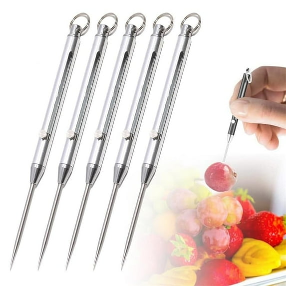 Metal Retractable Toothpick,Portable Titanium Toothpick,Pocket Push-pull Toothpick,Silver Alloy Toothpicks with Keychain,Reusable Toothpicks,for Home Travel Camping Silver Set of 5