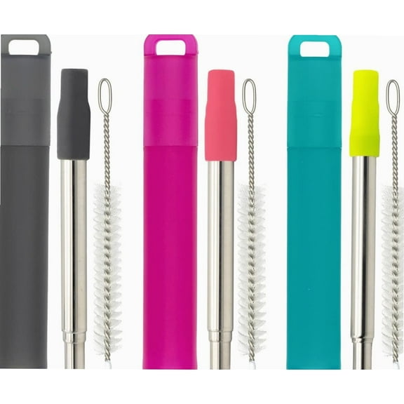 Metal Reusable Straws, 3 Pack Collapsible Portable Stainless Steel Straws, with Plastic Housing Silicone Tips and Cleaning Brush, Retractable Portable Pocket Drinking Straws