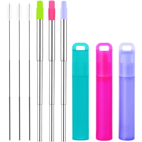 -Metal Reusable Straws, 3 Pack Collapsible Portable Stainless Steel Straws, with Plastic Housing Silicone Tips and Cleaning Brush, Retractable Portable Pocket Drinking Straws