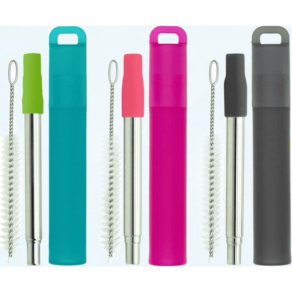 Metal Reusable Straws, 3 Pack Collapsible Portable Stainless Steel Straws, with Plastic Housing Silicone Tips and Cleaning Brush, Retractable Portable Pocket Drinking Straws