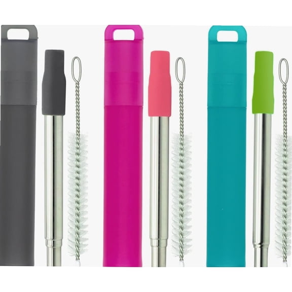 Metal Reusable Straws, 3 Pack Collapsible Portable Stainless Steel Straws, with Plastic Housing Silicone Tips and Cleaning Brush, Retractable Portable Pocket Drinking Straws