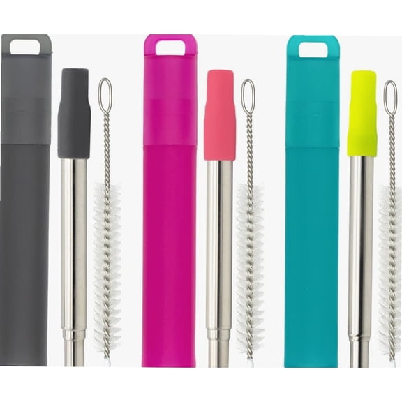 Metal Reusable Straws, 3 Pack Collapsible Portable Stainless Steel Straws, with Plastic Housing Silicone Tips and Cleaning Brush, Retractable Portable Pocket Drinking Straws