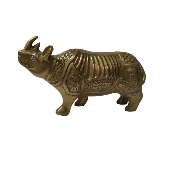 Engraved Antique Brass Rhino Sculpture: Unique Metal Rhino Figurine for Eye-Catching Home and Office Dcor