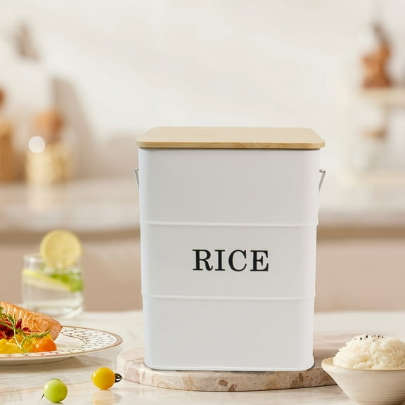 Metal Rice Storage Container, Farmhouse Rice Canister With Lid And Measuring Scoop, Kitchen Countertop Sealed Food Storage Container