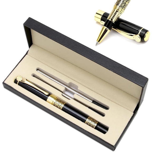 Metal Rollerball Pen Set 0.5mm Business Ballpoint Pen Gift with Gift Box Extra 2 Ink Refills Fancy Nice Writing Pens Personalised Ball Pens Birthday Valentine's Day Gifts for Men Women, Black
