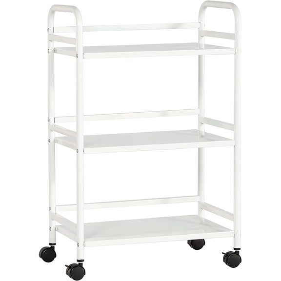 Metal Rolling Cart With 3-Tier Storage Rack, Utility Cart, Versatile Large Capacity Heavy Duty With Lockable Wheels, Multifunctional Storage Rack (White)