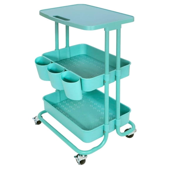 Metal Rolling Cart 3 Tier Utility Cart with Hanging Cups, Storage Shelves on Wheels for Home, Office, Classroom, Library - Blue