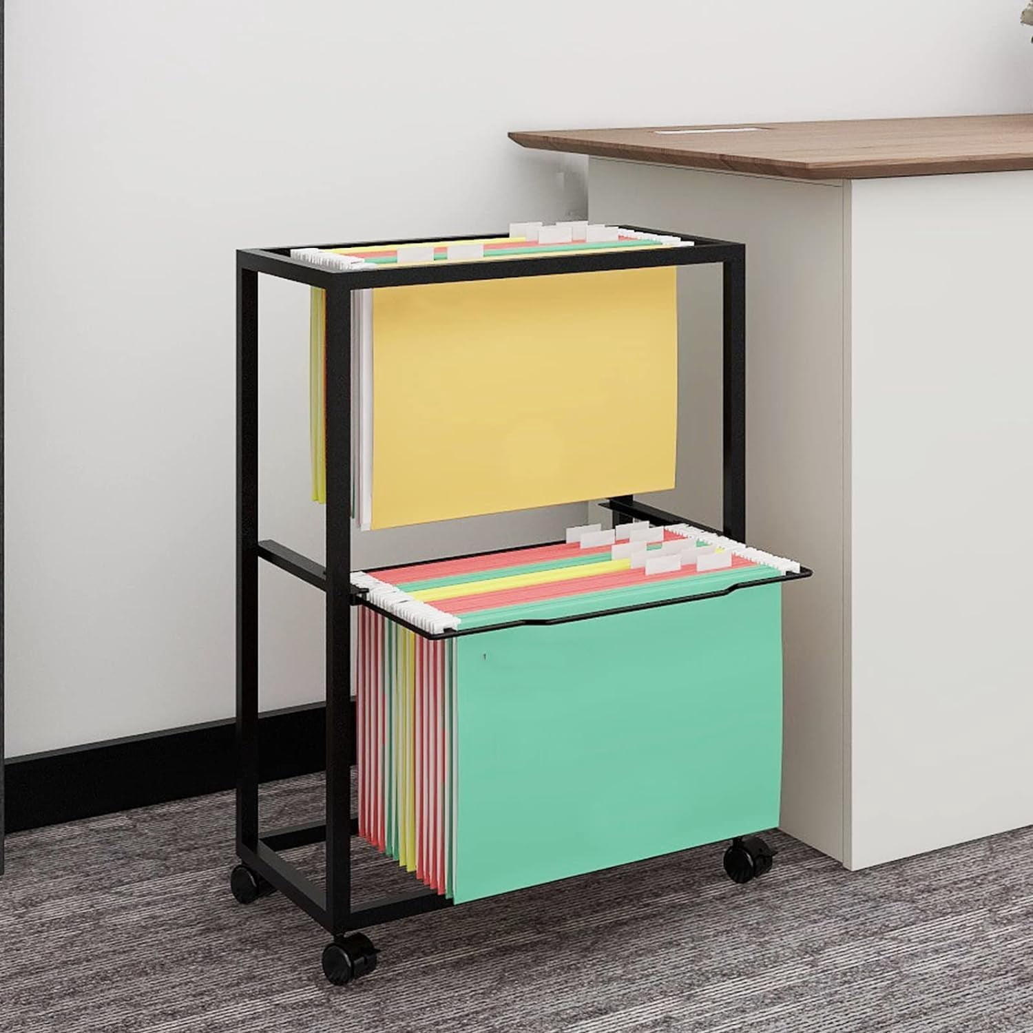 Pull Out File Metal Rolling File Carts with Wheels - 2-Tier Modern Hanging Files for ...