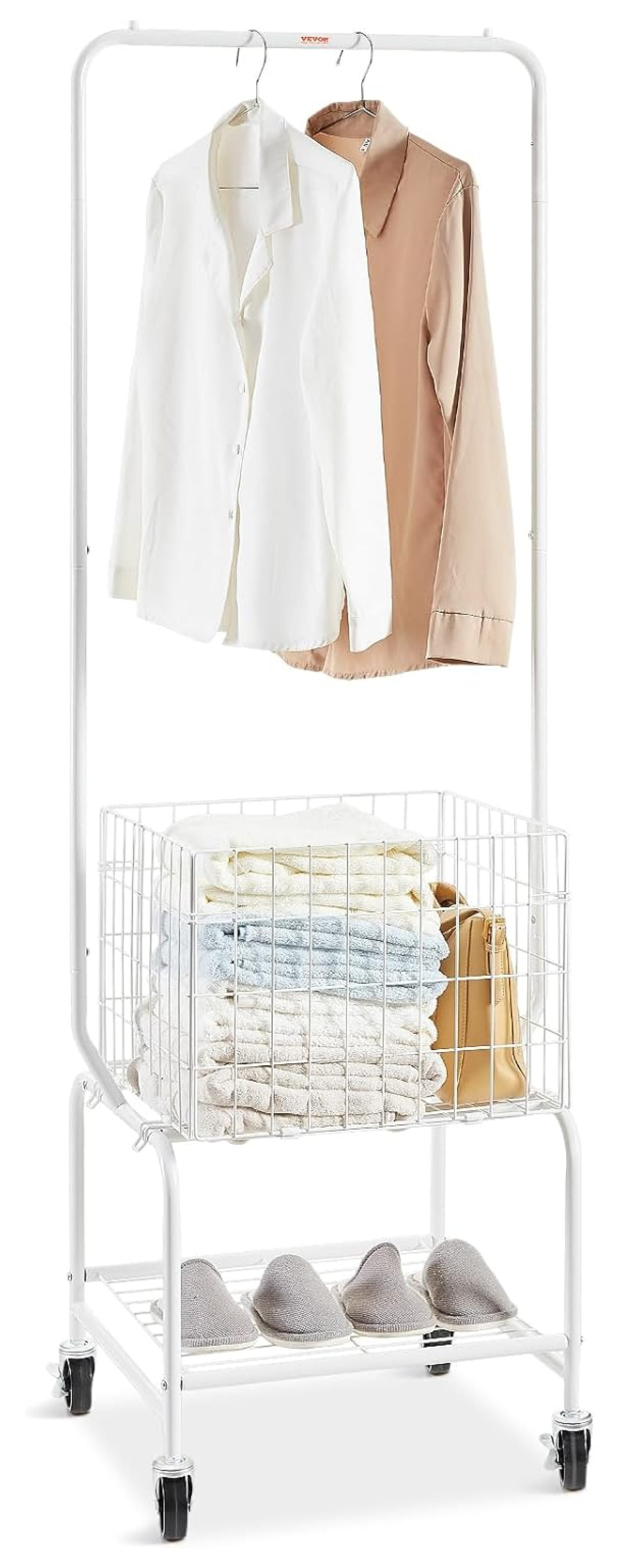 White Metal Rolling Laundry Cart with Adjustable Hanging Rack