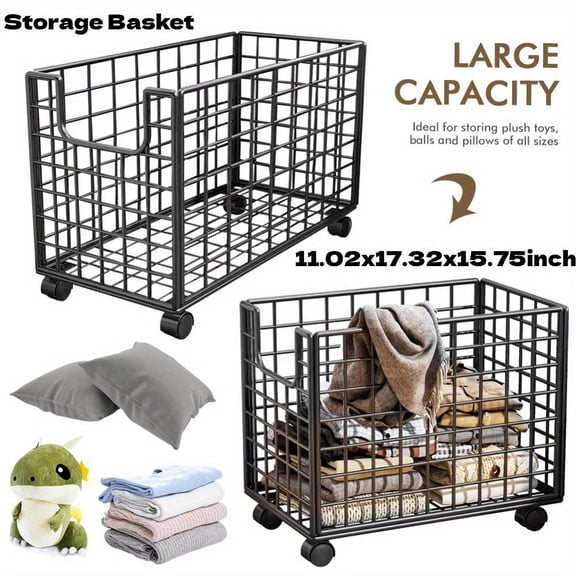 Metal Rolling Storage Basket with Wheels, Open-Top Versatile Organizer for Laundry, Bathroom, Kitchen, Toys  Stuffed Animals, Home Storage Solution