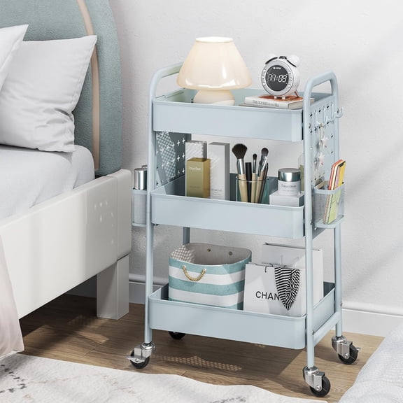 Metal Rolling Storage Cart, 3-Tier Utility Mobile Cart with Pegboards, Serving Trolley Cart with Baskets Hooks, for Kitchen, Bathroom, Office, Home, Classroom (Mint Green)