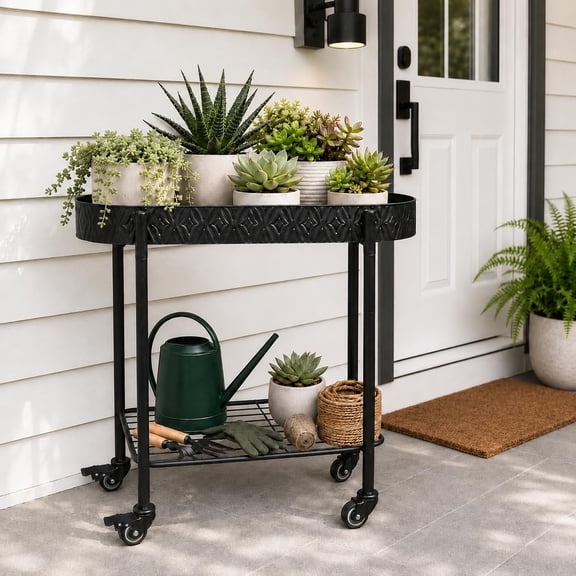 Metal Rolling Succulent Plant Stand with Drainage Holes, Nursery Pots, Wheels, and Lower Storage Shelf, Indoor Outdoor Plant Cart